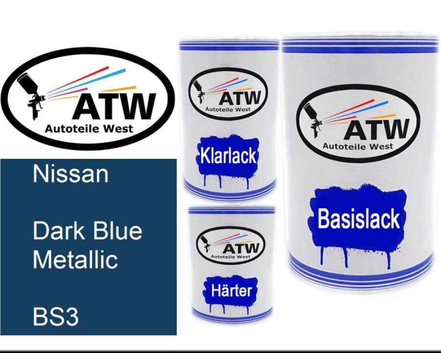 Nissan, Dark Blue Metallic, BS3: 500ml Lackdose + 500ml Klarlack + 250ml Härter - Set, von ATW Autoteile West.